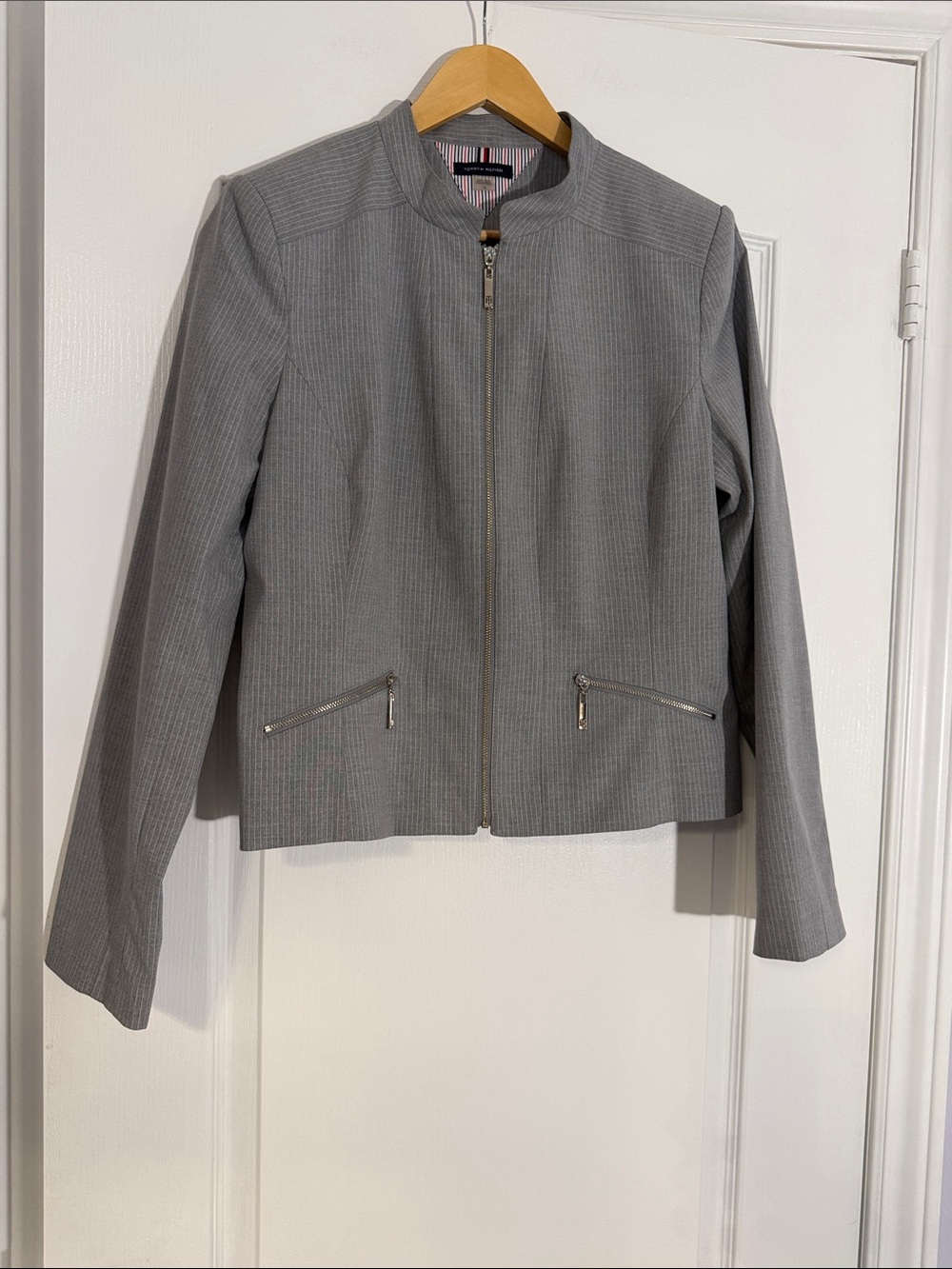 Tommy Hilfiger Grey Pinstripe Zip Front Moto Blazer Jacket Size 14